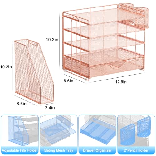 Image of gianotter 5-Tier Desk Organizer with Drawers and File Holders | Letter Trays and Pen Holders - Workspace Accessories for Office Supplies (Rose Gold)