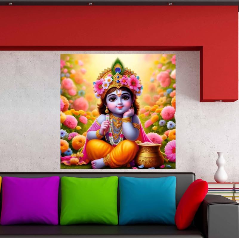 Image of British Terminal Cute little Bal Gopal Baby God Krishna| Kanha Ji | Laddu Lord Makhan Chor Painting Religious Poster for Pregnant Women for wall (matt thin vinyl,sticker,multicolor,unframed)| bj97