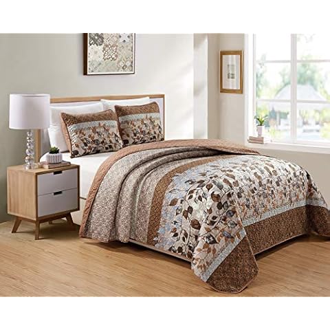Better Home Style Brown Taupe Beige Rust & Accent Slate Blue Modern Floral Luxury Lush Soft Flowers Motif with Leaf Leaves Design 3 PC Quilt Coverlet Bedspread Quilt Set # Kimberly (King/Cal-King) Cover