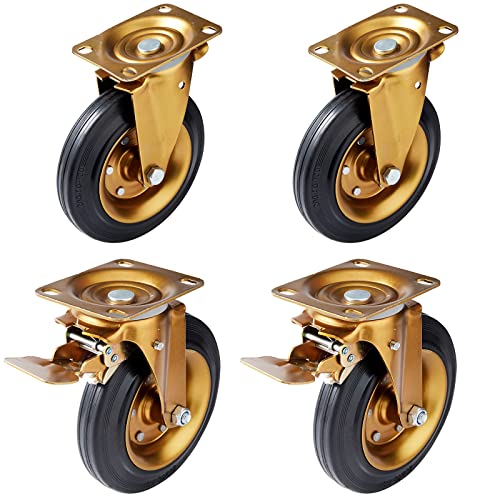 Plate Casters Set of 4 Heavy Duty Swivel Caster Wheels, 2 with Locking Brakes, 8'' Industrial Replacement Caster Load Capacity 3000lbs