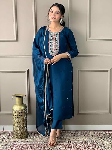 Image of Shiv Textiles Women's Chanderi Silk Embroidered Kurta Pant Dupatta Set(JDA-Lilly-RAMA-XL)