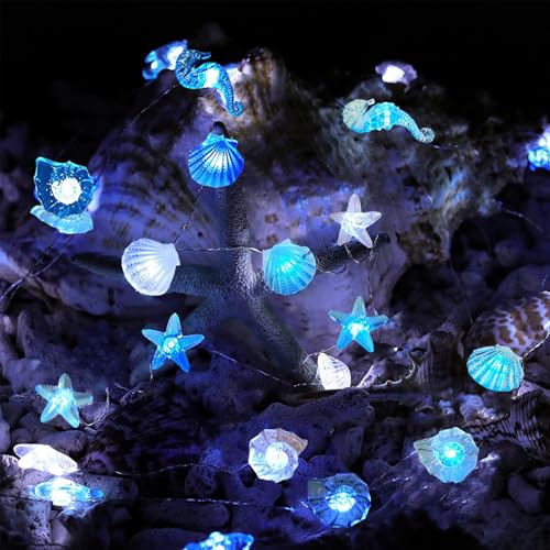 YeahBoom Lichterkette Meerestiere,300CM 30LED Thema Meeresleben Lichterketten Batteriebetrieben,Seepferdchen Seestern Wellhornschnecken Muscheln Lichterkette,für Kinderzimmer Party Geburtstagsdeko