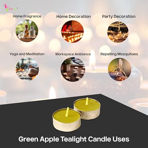 Image of Kriti Life Green Apple Scented Tealight Candles - 100% Paraffin Wax, Smokeless, Long Burn Time (4.5 Hours), Dripless Green Candles for Home Decor, Diwali, Weddings & Meditation - Set of 50
