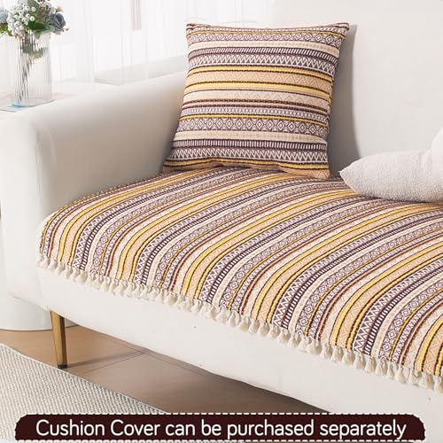 Image of HOKIPO L Shape (2+2 Seater) Sofa Cover Seat Mat | 300 GSM Cotton Acrylic Jacquard Fabric with Tassel, 'Trivana Series' Chocolate Brown (IN-934+935-J4)