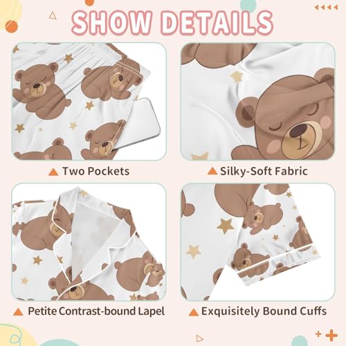 senya Bear Sleeping Satin Summer Pajama Sets Silk Short Sleeve Button Down Sleepwear3
