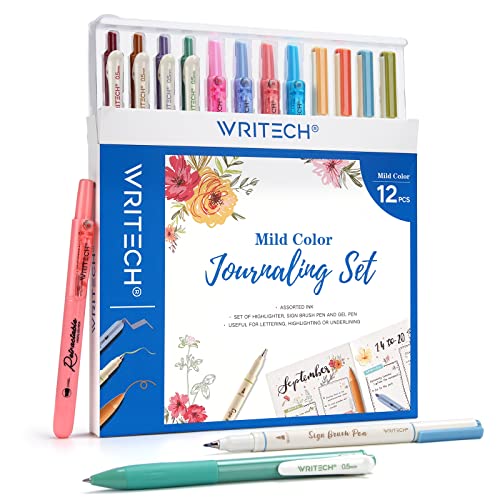 Writech Journaling Pens Set, Includes 4 Retractable Highlighters, 4 Retractable Gel Ink Pens, and 4 Brush Pens, No Bleed Assorted Colors, 12-Count (Mild Set)