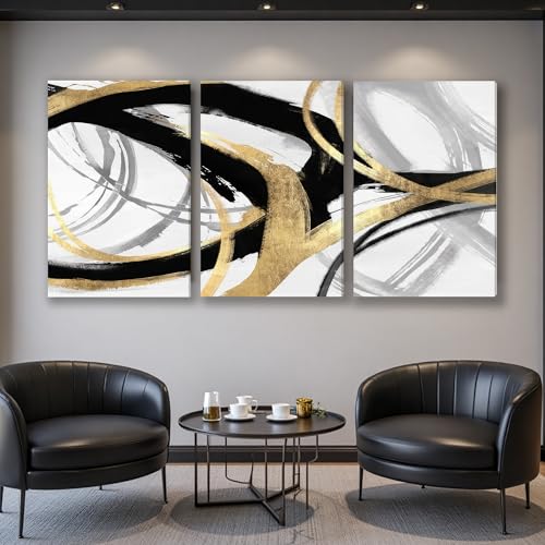 Image of DUWQU Triptych Black Gold White abstract Lines Canvas Wall Art 24x36 in x3 | Wooden frame, UV-resistant ink, Giclee printing process, Pre-installed hooks make it easy to hang home or office wall decor