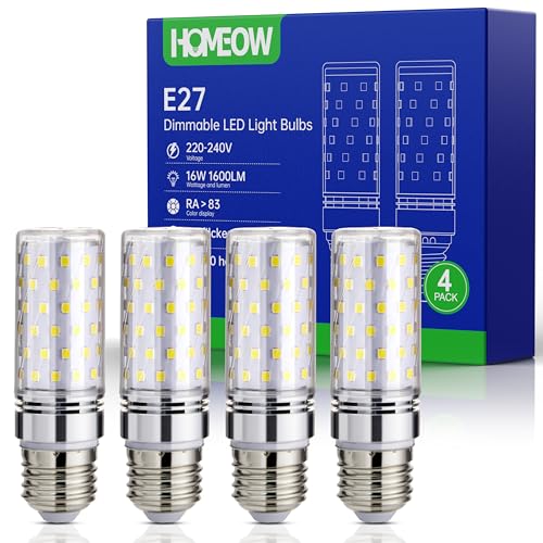 HOMEOW Ampoule LED E27 Dimmable Blanc Froid 6000K, 1600LM 16W Glühbirne E27 Équivalent 100W, Ampoule Gros Culot à Vis E27 Maïs LED, AC 220-240V, Angle du Faisceau 360°, Lot de 4