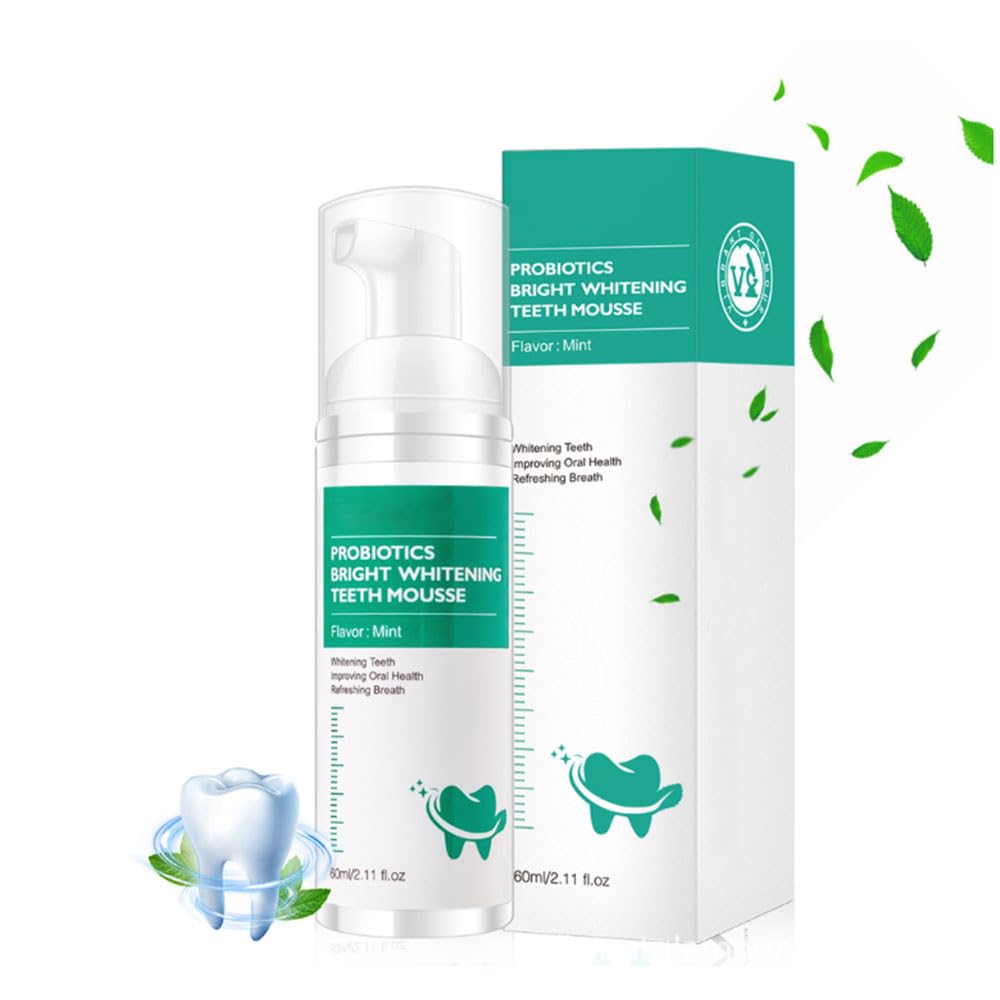 Probiotic whitening mousse toothpaste with natural mint and honeysuckle ingredients has antibacterial and anti-inflammatory properties relieving toothache refreshing breath and extruded foam mousse.