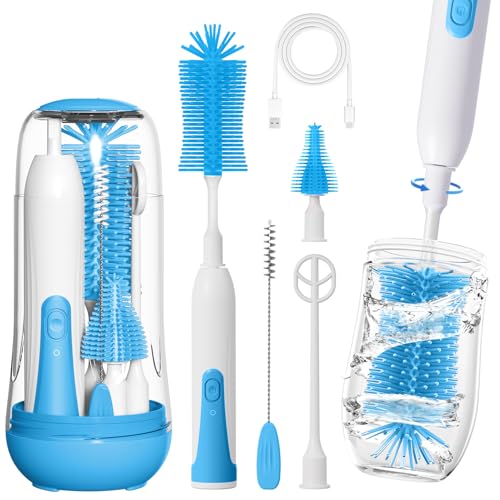 Image of Electric Bottle Brush Cleaner, Portable Baby Bottle Washer, Travel Bottle Cleaner Brush Set with Silicone Bottle & Nipple & Straw Brush(Blue)