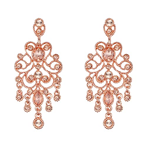 BriLove Wedding Bridal Dangle Earrings for Women Vintage Style Crystal Drop Hollow Filigree Chandelier Earring Peach Morganite Color Rose-Gold-tone by BriLove - Used condition - US$16.14