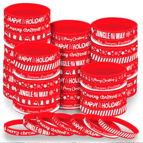 Morcheiong 42 Pieces Christmas Rubber Bracelets 7 Classic Design Silicone Wristbands for Merry Xmas Party Favors (Red)