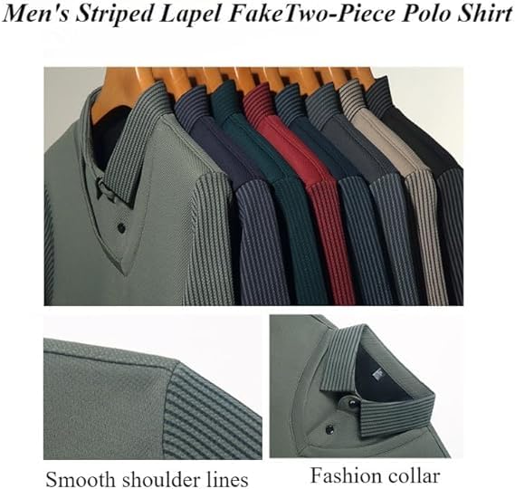 Men's Striped Lapel Fake Two-Piece Shirt Long Sleeve Polo Shirts Spring Autumn Basic Business Casual Polo Tops3