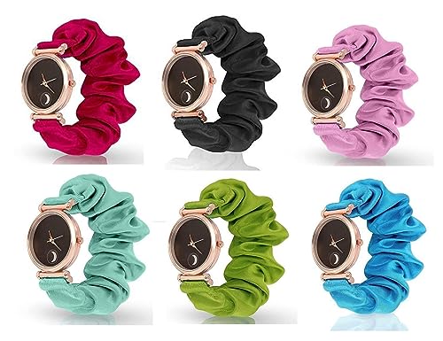 METEOROID Black Analog Dial Scrunchies Strap Watch Cloth Solid Fabric Wristband Watch Elastic Scrunchy Bands Watch for Women and Girls