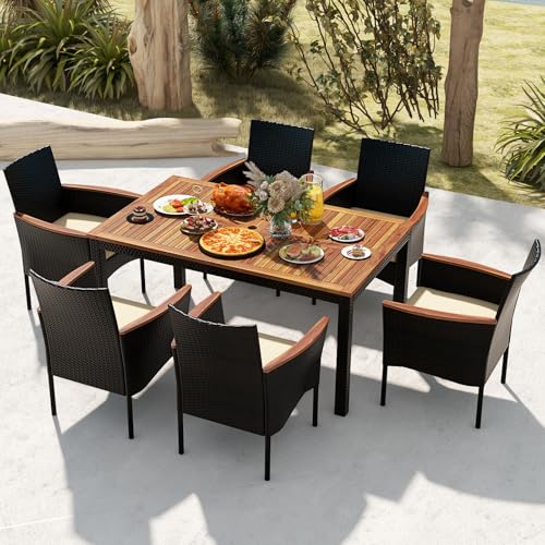 KOTEK Outdoor Dining Set for 6, PE Rattan Wicker Patio Furniture Set with Wood Table & Cushioned Armchairs, 1.96'' Umbrella Hole, Patio Table and Chairs Set for Garden, Backyard, Balcony, Poolside - Image 3