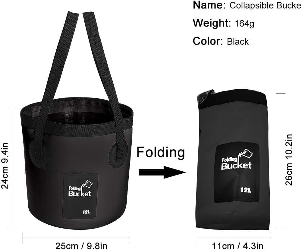 Collapsible Bucket with Handle, Multifunctional Foldable Water Container for Camping, Hiking, Traveling, Fishing, Washing, Gardening, Waterproof, Durable, Lightweight, Black
