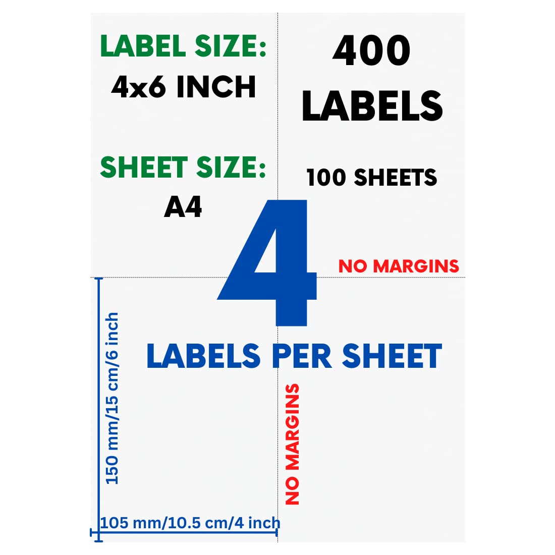 KARBD Self Adhesive Pre Cut Printing Label Stickers Without Border No Margin for Amazon Easyship Orders, 100 A4 Sticky Sheets with 4 Shipping Label 4x6 inch Each(400 Labels, Standard, White)
