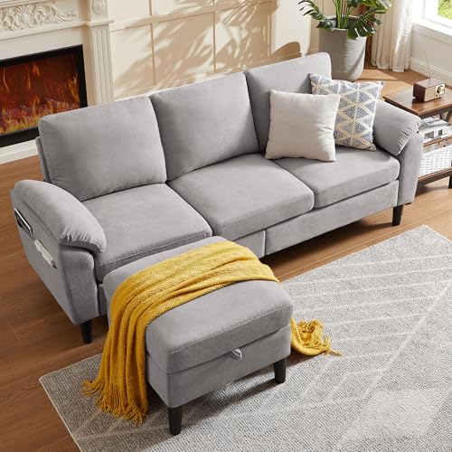 Chireca 80' Convertible Sectional Sofa, Small L Shaped 3 Seat Couch with Reversible Storage Chaise, Modern Polyester Fabric Sofa Couches for Living Room, Apartment and Small Space, Light Grey