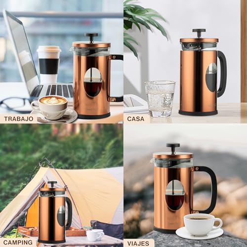Miniatura 8 de Bonvivo Cafetera Francesa Gazetaro I Prensa Francesa De Émbolo En Acero Inoxidable Y Cristal Cafetera De Émbolo Manual Para Café Molido, Cold Brew E Infusiones, 1000ml Cobre