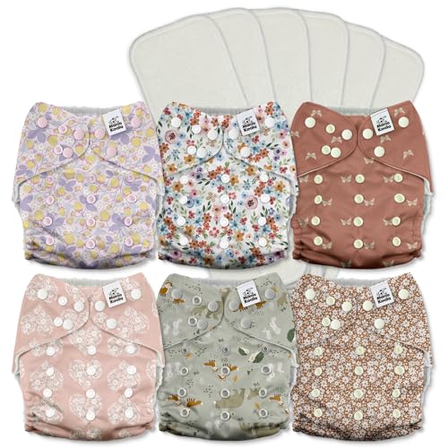 Image of Mama Koala 3.0 Pocket Cloth Diapers for Babies with AWJ Lining, 6 Pack with 6 5-Layer Natural Cloth Diaper Inserts - Reusable and Washable Pocket Diapers(A-Wild Flowers)