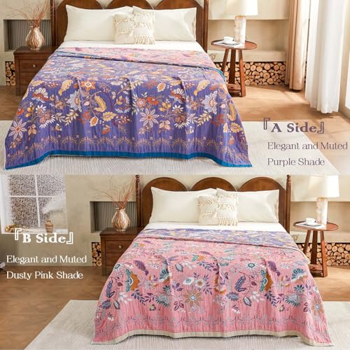 Image of XIBLC Boho Blanket, 100% Cotton Farmhouse Decorative Throw Blanket, 80 inchx90 inch Reversible Bohemian Throw Blanket, Purple All Season Muslin Breathable Woven Blankets Quilt