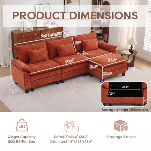 Image of IPKIG 117 inch Modular Cloud Couch with Storage, L Shaped Sectional Sofa with Ottoman & Pillow, Chenille Deep Seat Sectional Couches for Living Room, Apartment, Orange