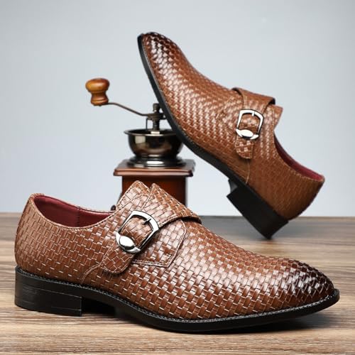 Santimon Men's Woven Leather Monk Strap Dress Shoes Breathable Slip-On Business Buckle Loafers4