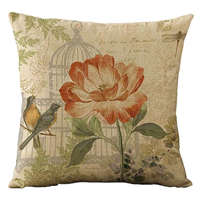 WOMHOPE Set of 4 Vintage Spring Flower Decorative Throw Pillow Covers Pillow Cases Cushion Cases Burlap Toss Throw Pillow Covers 18 x 18 Inch for Living Room,Couch and Bed (Flowers and Birds)