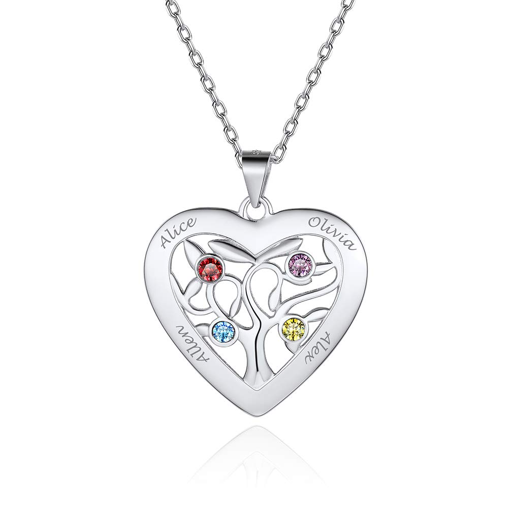 Custom4U Edelstahl/S925 Silber Lebensbaum Namen Halskette mit 2-7 Namen und Geburtsstein，Namenskette Stammbaum zu Gravur Familienkette Mit Geburtsstein Familienbaum Halskette Halskette