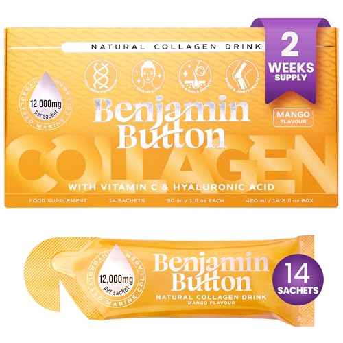 Benjamin Button Marine Collagen Liquid Sachet w/Hyaluronic Acid & Vitamin C | for Hair Skin Nails & Joints | 12 000mg High Strength Hydrolysed Collagen (Mango 14x Sachets)