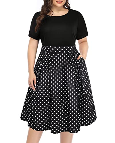 Pinup Fashion Plus Size Work Dress-Church Business Casual Short Sleeve A-Line Dress with Pockets