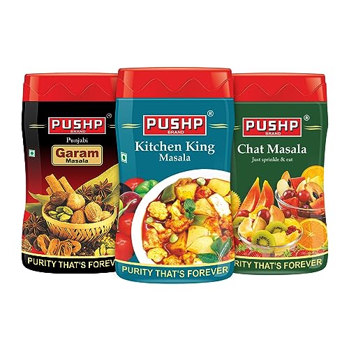 Image of Pushp Chat Masala, Kitchen King & Punjabi Masala Powder Combo Jar 500g Each | Pack of 3 | Natural Indian Mixed Spices for Everyday Cooking | No Preservatives | Street Food & Chat Blend | Hygienically Packed |