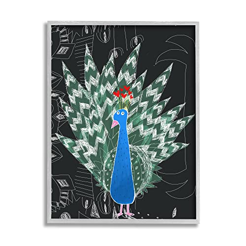 Stupell Industries Children's Abstract Peacock Doodle Black White Pattern Grey Framed Wall Art, 16 x 20, Green