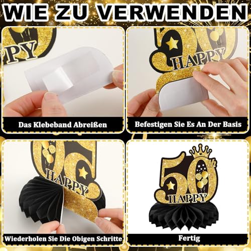JULMELON 50.Geburtstag Tischdeko,10 Stück 3D Bienenwabe Deko Schwarz Gold 50 Geburtstag Deko für Männer Frauen Tischdekoration Party