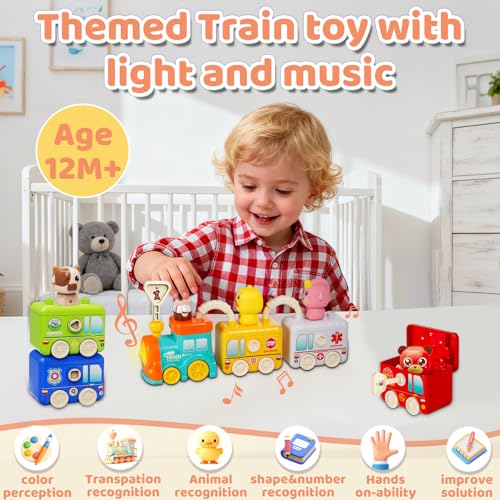 Image of Montessori Train Toys for 2 3 4 Year Olds - Toddler Learning Train Set with Lights & Sounds, 6 Vehicle Transport, Lock & Key Activity, Farm Animal Finger Puppets, Easter Birthday Gift for Boys Girls
