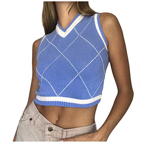 Women Argyle Sweater Vest Plaid Knitted Crop Preppy Sleeveless Y2K V Neck Knitwear Tank Crop Top (C Blue, Medium)
