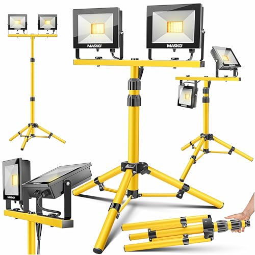 MASKO® Projecteur de chantier LED avec trépied 100W Double 2x 50W Projecteur 6500K Lampe de travail Projecteur de travail 5 m Projecteur pour travaux Lampe de chantier Éclairage de chantier