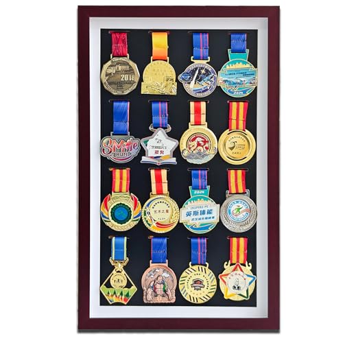 Image of Medal Display Case, 16 Sports Medal Display Case | 21.7x13.4x1.2 in, Mahogany, Solid Wood, Wall-Mounted, Large Marathon Display Frame for Runners, Swimming, All Sports Medal