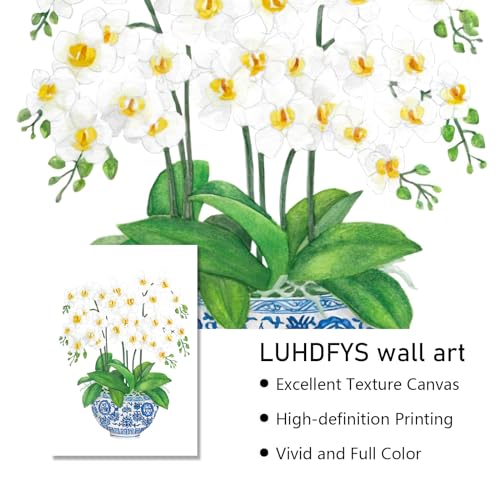 Chinoiserie Wall Art Prints Blue and White Chinese Vase Canvas Prints White Orchid & Pink Peony Watercolor Chinoiserie Canvas Wall Art Oriental Porcelain Art Painting for Home Bedroom Decor Unframed