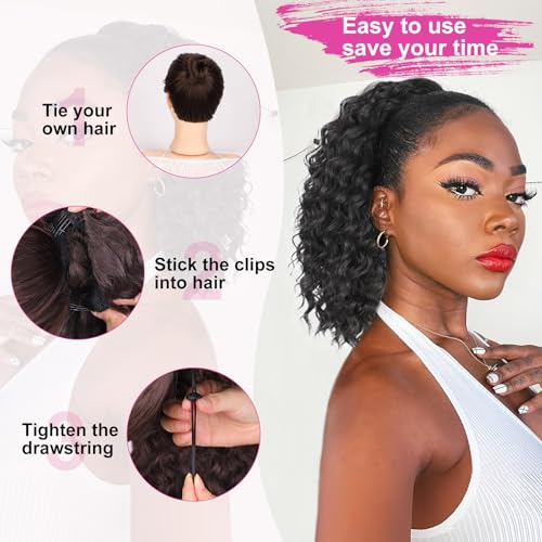 AISI BEAUTY Black Ponytail Extension 14 Inch Curly Drawstring Ponytail for Women Clip in Fake Ponytail Synthetic Curly Pony Tails Hair Extensions(Black) - Image 4