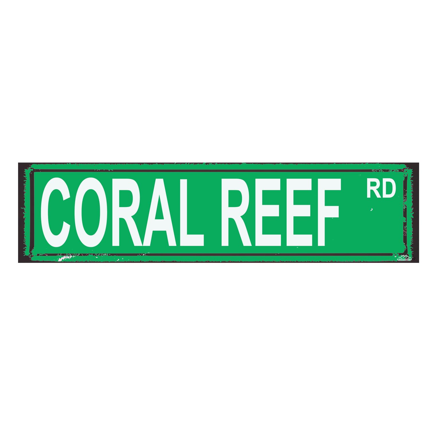 Coral Reef Rd Rustic Coastal Metal Sign - 4x16 Inch Ocean Theme Decor - Beach House Wall Art - Marine Life Gift for Scuba & Snorkel Lovers
