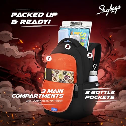 Image of Skybags Kenshi 34L Casual Backpack for Boys & Girls with 3 Compartments & Adjustable Shoulder Strap | Quick Access Front Pocket | Rain Cover | Perfect for School & Travel - Unisex
