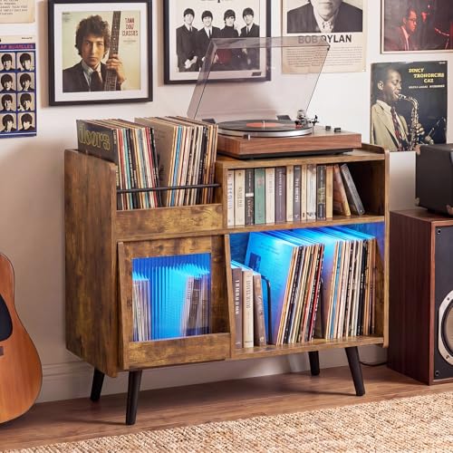 Image of Giantex Large Record Player Stand with LED Light, Mid Century Modern Turntable Stand w /Sliding Door, Charging Station & Plastic Leg, Record Player Table, Vinyl Record Storage for Living Room (Rustic Brown)