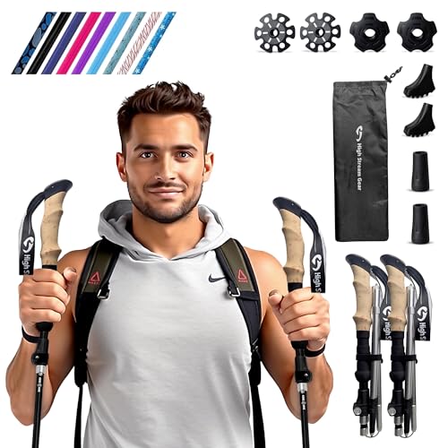 Walking Sticks for Men & Women - 14.5” Foldable Hiking Poles for Backpacking, Exercising and Traveling, Set of 2 Nordic Collapsible Trekking Poles (Black Silver, 115-135cm)