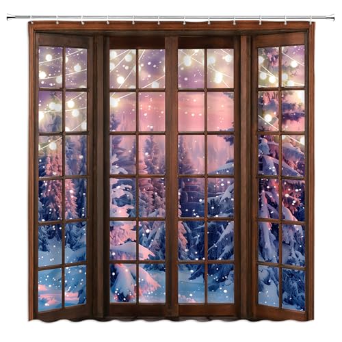 CCXTCZ Winter Forest Shower Curtain Snowy Christmas Tree Vintage Window Holiday New Year Scenery Fabric Bathroom Decor Curtains with Hooks,Purple Brown