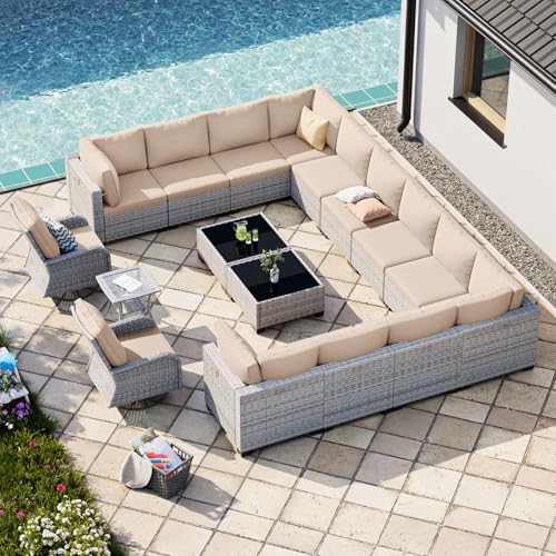 Image of Outdoor PE Wicker Rattan Modular Patio Sectional Sofa Set | 17-Piece: 12 Modular Seats, 2 Coffee Tables, 2 Swivel Rocking Chairs & Side Table, Khaki