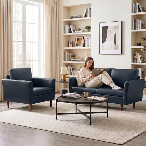 Image of Kingfun 2 Piece Faux Leather Sofa Set, Mid Century Modern Living Room Furniture Set with 3-Seater Sofa and Loveseat, Small Leather Couch with Solid Wood Frame for Bedroom and Office, Royal Blue