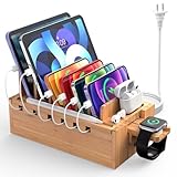 Pezin & Hulin Bamboo Charging Station for Multiple Devices with 5 Port USB Charger, 5 Cables and Watch Stand. Wood Desktop Docking Stations Organizer for Cell Phone, Tablet, Watch, Office Accessories