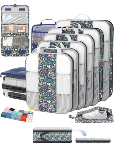 Image of OlarHike 10-Pack Compression Packing Cubes for Travel Essentials,Compressible Expandable Storage Bags for Suitcase,Luggage Garment Bags for Travel,Handy Helper for Organizing Clothes(Dark Blue Floral)