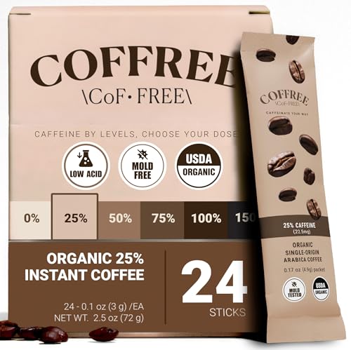 COFFREE Organic Instant Coffee Packets - 25% Low Caffeine, Convenient Coffee Sticks, Mold Free, Low Acid Arabica for On-the-Go Energy - Hot or Cold Balanced Taste Single Serve Travel Packets 24 Count